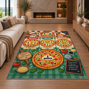Pizza Fraction Kitchen Chart Rug shown in a living room with a fireplace
