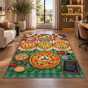 Pizza Fraction Kitchen Chart Rug shown near large windows and a sofa