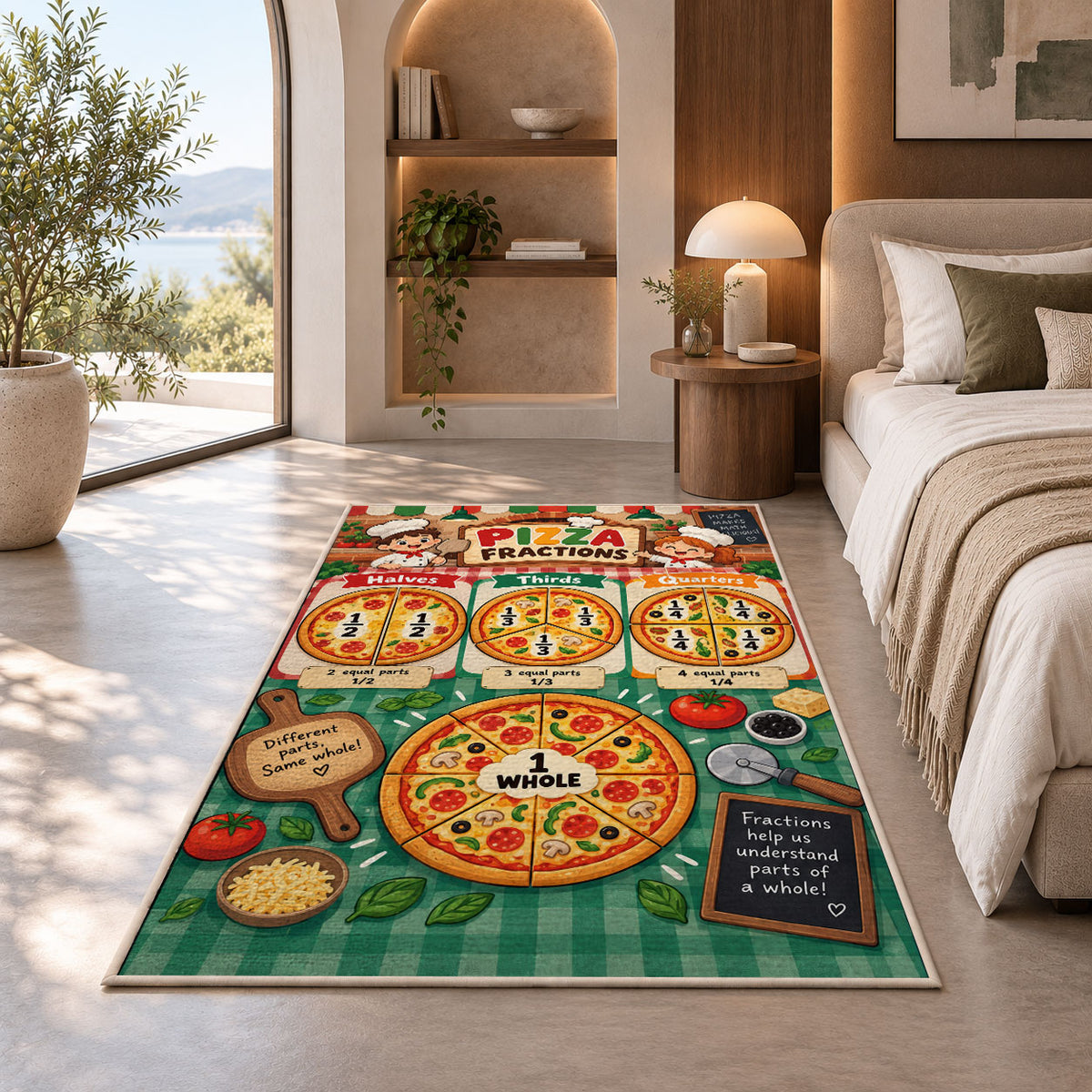 Pizza Fraction Kitchen Chart Rug shown in a bedroom by a garden window