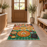 Pizza Fraction Kitchen Chart Rug shown in an entryway near a wooden door