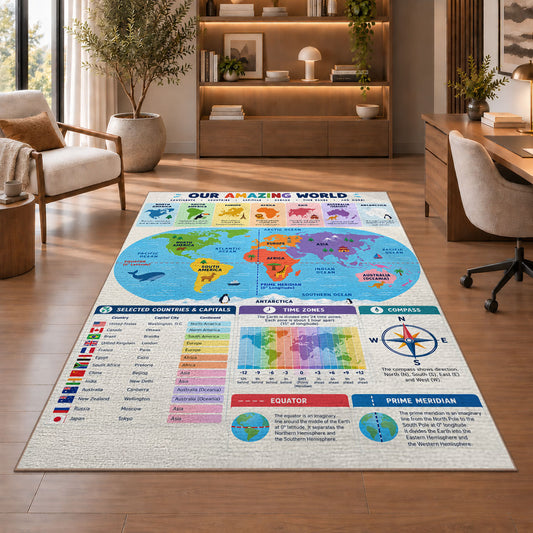 Colorful World Map Learning Rug shown beside a lounge chair and wooden shelving