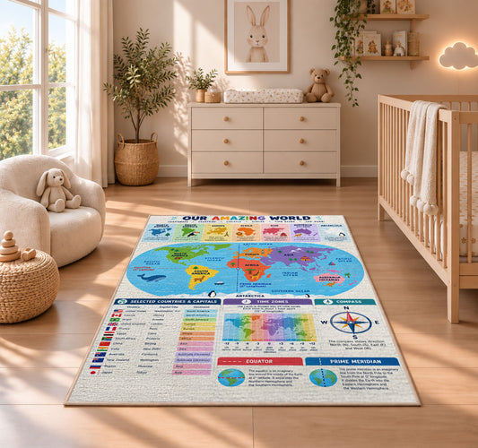 Colorful World Map Learning Rug shown in a sunlit nursery beside a white cot