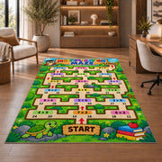 Multiplication Maze Adventure Rug shown beside a lounge chair and wooden shelving