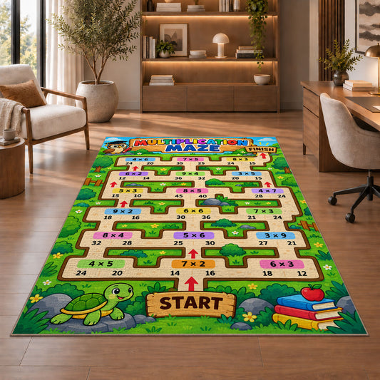 Multiplication Maze Adventure Rug shown beside a lounge chair and wooden shelving