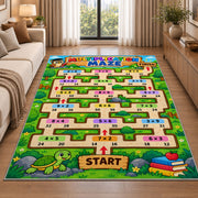 Multiplication Maze Adventure Rug shown beside a sofa in a bright living room