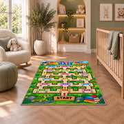 Multiplication Maze Adventure Rug shown in a nursery with a cot and soft toys