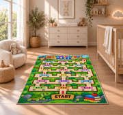 Multiplication Maze Adventure Rug shown in a sunlit nursery beside a white cot
