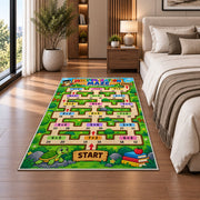 Multiplication Maze Adventure Rug shown beside a bed with neutral bedding