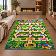 Multiplication Maze Adventure Rug shown in a living room with a fireplace