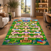 Multiplication Maze Adventure Rug shown near large windows and a sofa