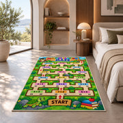 Multiplication Maze Adventure Rug shown in a bedroom by a garden window
