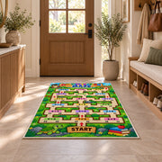 Multiplication Maze Adventure Rug shown in an entryway near a wooden door