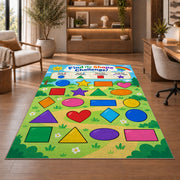 Find the Shape Challenge Rug shown beside a lounge chair and wooden shelving