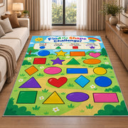 Find the Shape Challenge Rug shown beside a sofa in a bright living room