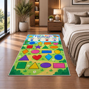 Find the Shape Challenge Rug shown beside a bed with neutral bedding