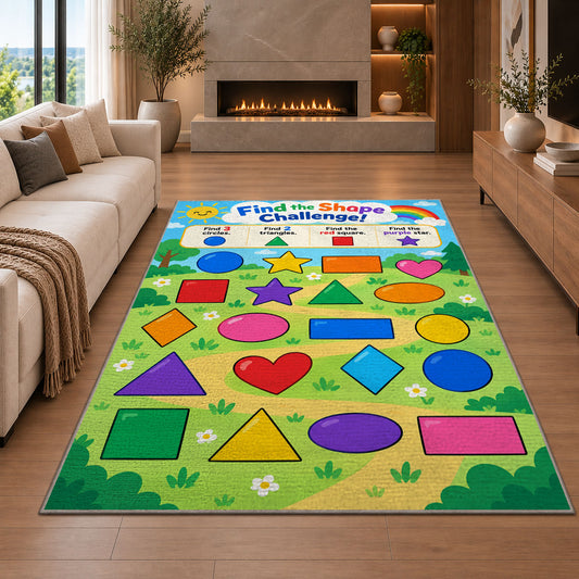 Find the Shape Challenge Rug shown in a living room with a fireplace