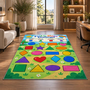 Find the Shape Challenge Rug shown near large windows and a sofa