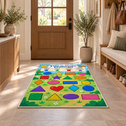 Find the Shape Challenge Rug shown in an entryway near a wooden door