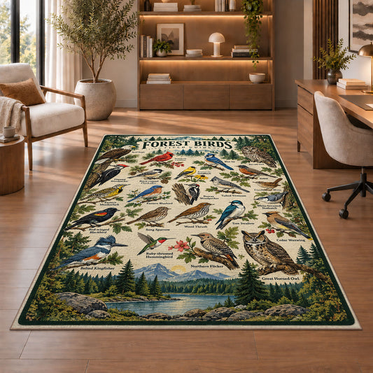 Forest Birds Field Guide Rug shown beside a lounge chair and wooden shelving