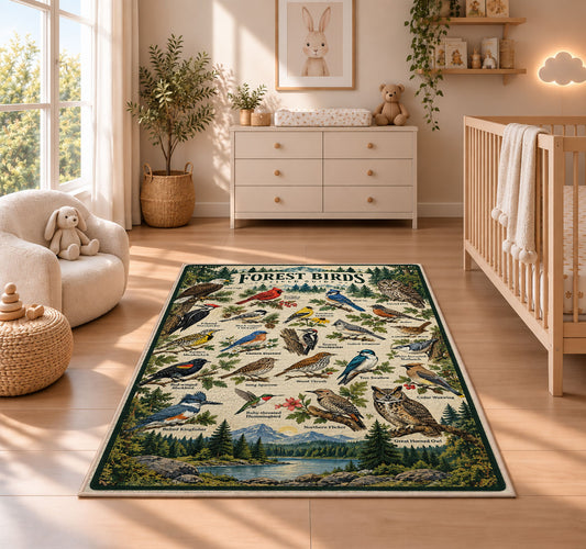 Forest Birds Field Guide Rug shown in a sunlit nursery beside a white cot