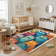Colorful Cute Monster Area Rug — angled floor view