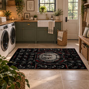 Gothic Championship Mask Collage Area Rug styled in a modern laundry room