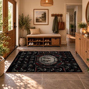Gothic Championship Mask Collage Area Rug styled in a welcoming entryway