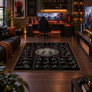 Gothic Championship Mask Collage Area Rug styled in a gaming room