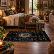 Gothic Championship Mask Collage Area Rug styled in a main bedroom