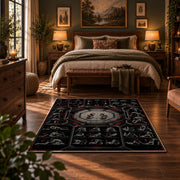 Gothic Championship Mask Collage Area Rug styled in a bedroom corner