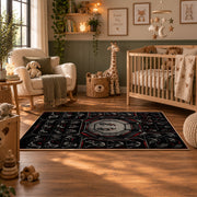 Gothic Championship Mask Collage Area Rug styled in a nursery room