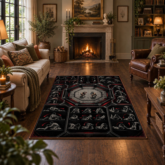 Gothic Championship Mask Collage Area Rug styled in a living room