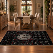 Gothic Championship Mask Collage Area Rug styled in a dining room