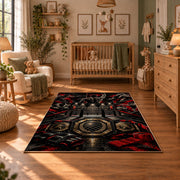 Red Black Championship Ring Emblem Area Rug styled in a cozy nursery