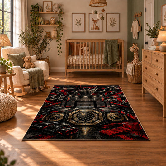 Red Black Championship Ring Emblem Area Rug styled in a cozy nursery