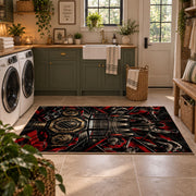 Red Black Championship Ring Emblem Area Rug styled in a modern laundry room