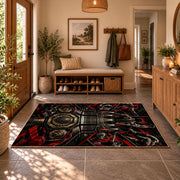 Red Black Championship Ring Emblem Area Rug styled in a welcoming entryway