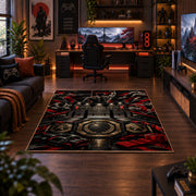 Red Black Championship Ring Emblem Area Rug styled in a gaming room
