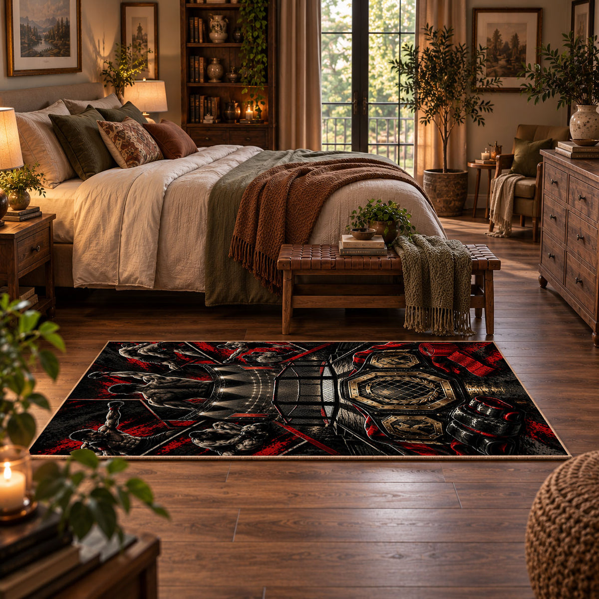 Red Black Championship Ring Emblem Area Rug styled in a main bedroom