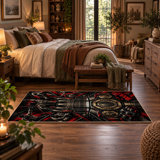 Red Black Championship Ring Emblem Area Rug styled in a main bedroom