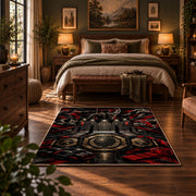 Red Black Championship Ring Emblem Area Rug styled in a bedroom corner
