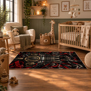 Red Black Championship Ring Emblem Area Rug styled in a nursery room