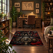 Red Black Championship Ring Emblem Area Rug styled in a home office