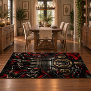 Red Black Championship Ring Emblem Area Rug styled in a dining room