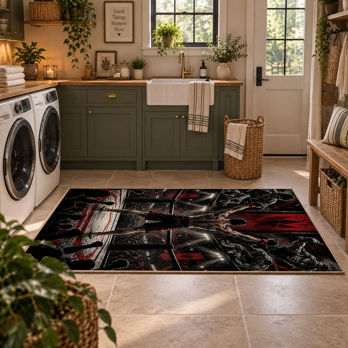 Red Arena Fighter Silhouette Area Rug styled in a modern laundry room