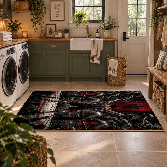 Red Arena Fighter Silhouette Area Rug styled in a modern laundry room