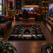 Red Arena Fighter Silhouette Area Rug styled in a gaming room