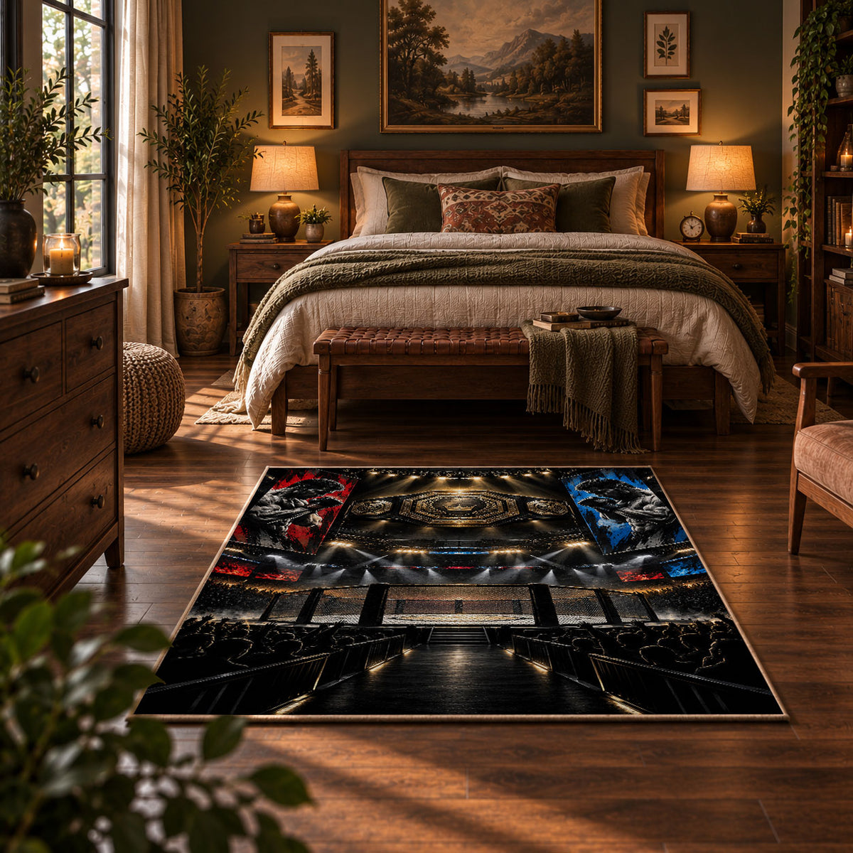 Championship Ring Arena Night Area Rug styled in a bedroom corner