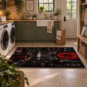 Red Championship Entrance Stage Area Rug styled in a modern laundry room