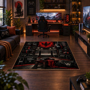 Red Championship Entrance Stage Area Rug styled in a gaming room